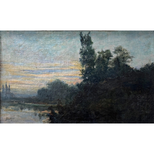 1427 - Possibly by Charles François Daubigny (1817-1878, French) - Figures by a lake at dusk, signed, oil o... 