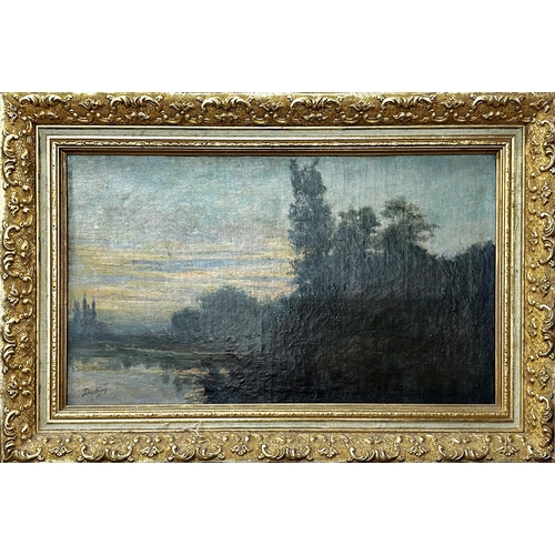 1427 - Possibly by Charles François Daubigny (1817-1878, French) - Figures by a lake at dusk, signed, oil o... 