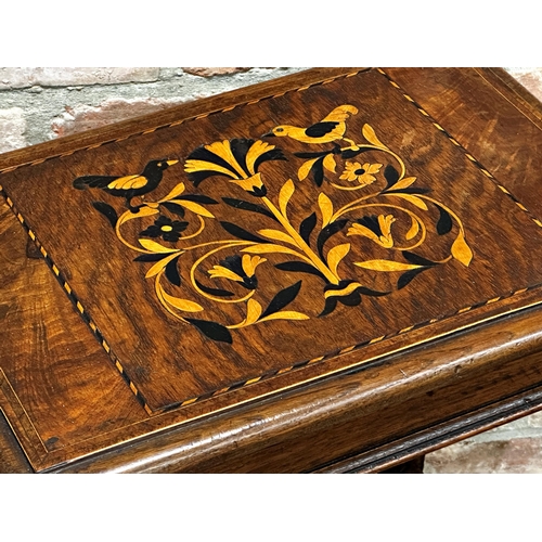 1293 - Antique Dutch walnut marquetry stool or side table top inlaid with boxwood and ebony of two birds am... 