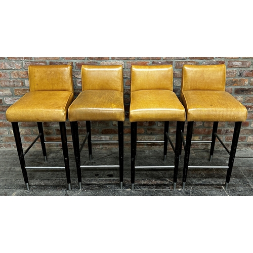 1211 - Set of 4 probably Italian tan leather bar stools on ebonised tapered legs with steel stretchers and ... 