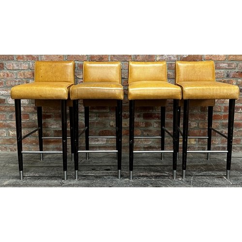 1211 - Set of 4 probably Italian tan leather bar stools on ebonised tapered legs with steel stretchers and ... 