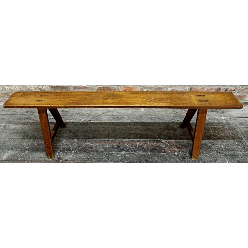 1298 - French fruitwood tavern bench, 48cm x 167cm.