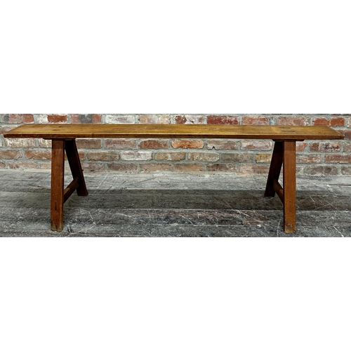 1298 - French fruitwood tavern bench, 48cm x 167cm.