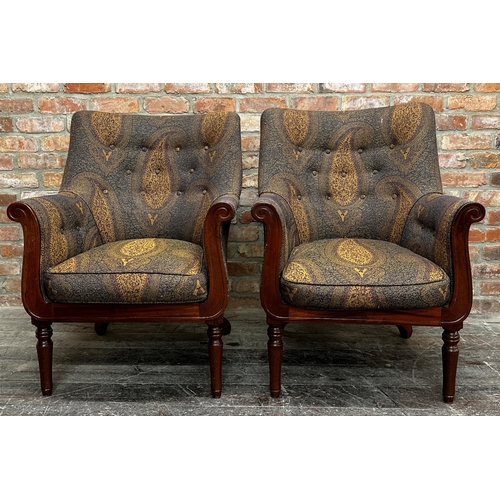 1299 - George Smith - pair of William IV style library chairs with scrolled mahogany show frames and button... 