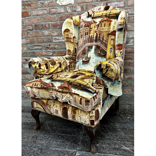 1302 - Late 19th century Georgian style wingback lounge chair with Venetian canal scene velvet upholstery a... 