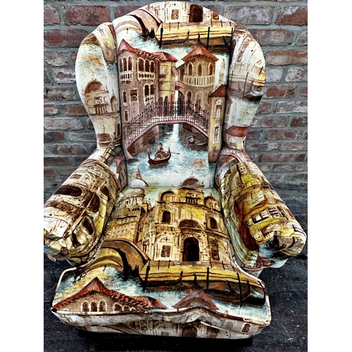 1302 - Late 19th century Georgian style wingback lounge chair with Venetian canal scene velvet upholstery a... 