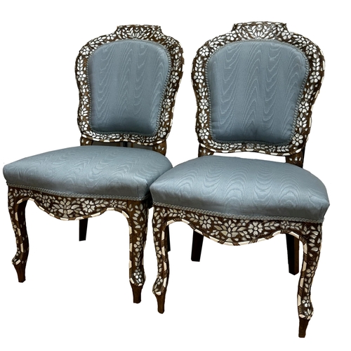 1282 - Good quality pair of Eastern possible Anglo-Indian mother of pearl inlaid teak dining chairs with st... 