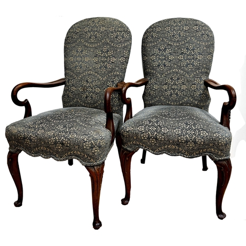 1284 - Good quality pair of Queen Anne style lounge chairs with scrolled mahogany arms and stylised cabriol... 