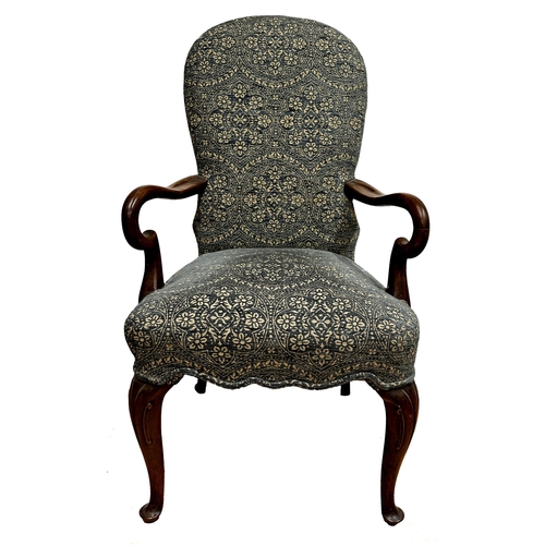 1284 - Good quality pair of Queen Anne style lounge chairs with scrolled mahogany arms and stylised cabriol... 