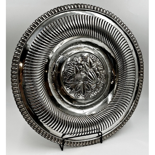 71 - Large Victorian Silver Plated  Charger, with repousse fruit decoration to centrepiece. This is frame... 