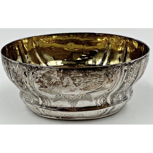 133 - Good quality continental silver salt, lobed form with sunburst engraved panels and gilt interior, in... 