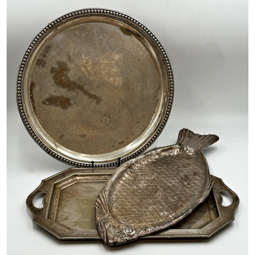 91 - Three silver plated trays to include a circular tray, 43cm diameter, a rectangular canted tray 52cm ... 