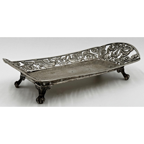 140 - Continental silver cast and pierced pen tray, with swans, mermaids and harps, 21.5cm long, 9oz appro... 