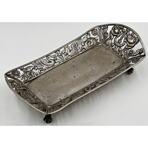 140 - Continental silver cast and pierced pen tray, with swans, mermaids and harps, 21.5cm long, 9oz appro... 