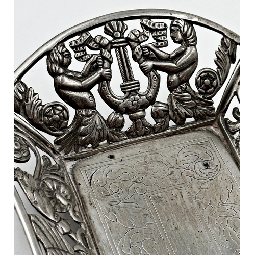 140 - Continental silver cast and pierced pen tray, with swans, mermaids and harps, 21.5cm long, 9oz appro... 