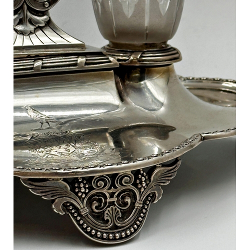 148 - Good quality Victorian silver desk standish, fitted with two glass inkwells and a taper stick, engra... 