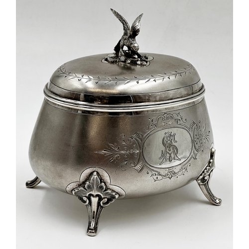 151 - Good continental '800' silver caddy, hinged lid mounted by a cast bird on nest, gilt interior, engra... 