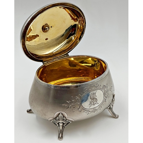 151 - Good continental '800' silver caddy, hinged lid mounted by a cast bird on nest, gilt interior, engra... 