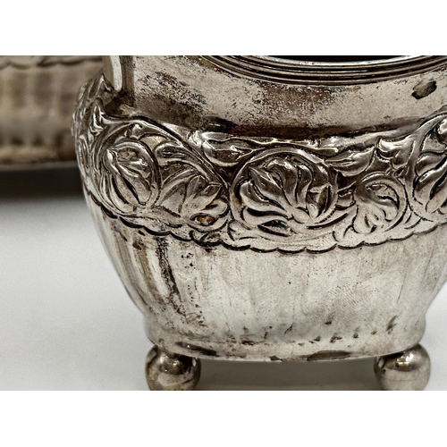 159 - George III silver three piece boat-shaped tea service, with chased and fluted decoration, makers mar... 