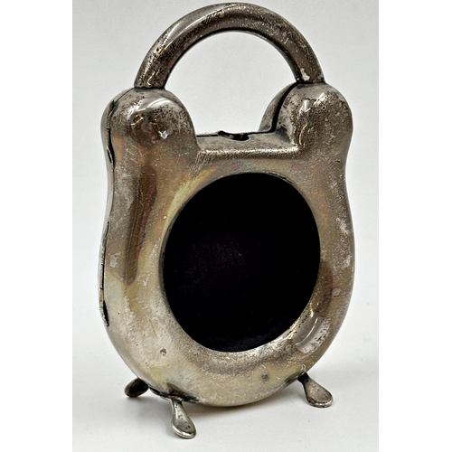 163 - Novelty silver watch case in the form of a padlock, marks worn, 11cm high, 4oz approx