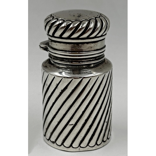 164 - Good quality Victorian silver wrythen fluted scent bottle, hinged lid, glass stopper, maker C C May ... 