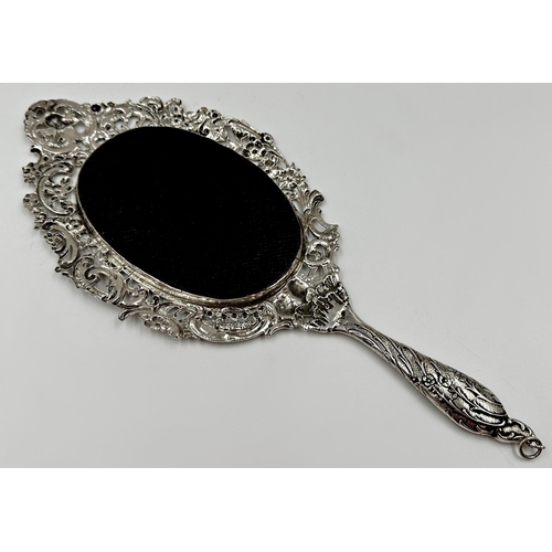 168 - Good quality late Victorian silver hand mirror, pierced with cherubs and flowers, maker David Bridge... 