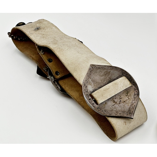 173 - Victorian kid leather military belt with engraved silver mounts and buckles, with novelty arrow buck... 