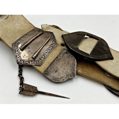 173 - Victorian kid leather military belt with engraved silver mounts and buckles, with novelty arrow buck... 