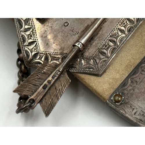 173 - Victorian kid leather military belt with engraved silver mounts and buckles, with novelty arrow buck... 