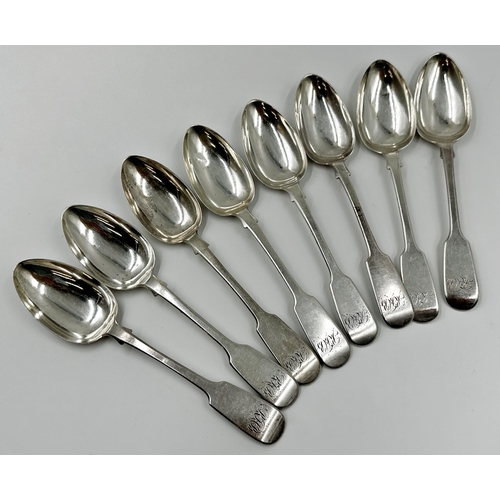 181 - Set of eight Victorian silver fiddle pattern dessert spoons, maker William Eaton, London 1844, 19cm ... 