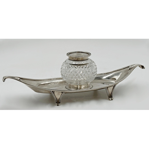 197 - Good 1930s silver inkwell standish, hobnail cut glass vessel on a Regency style shaped base, maker R... 