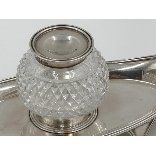 197 - Good 1930s silver inkwell standish, hobnail cut glass vessel on a Regency style shaped base, maker R... 