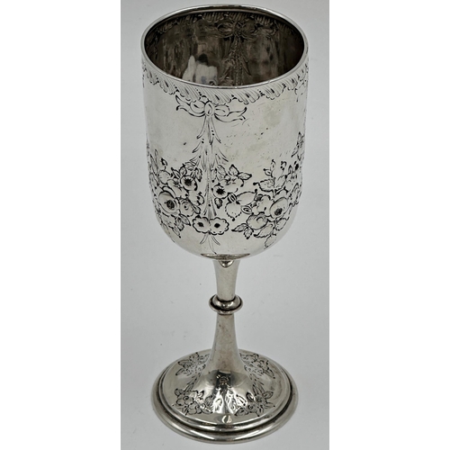 206 - Victorian silver goblet chased with floral swags, maker George Unite, Birmingham 1877, 19cm high, 5o... 