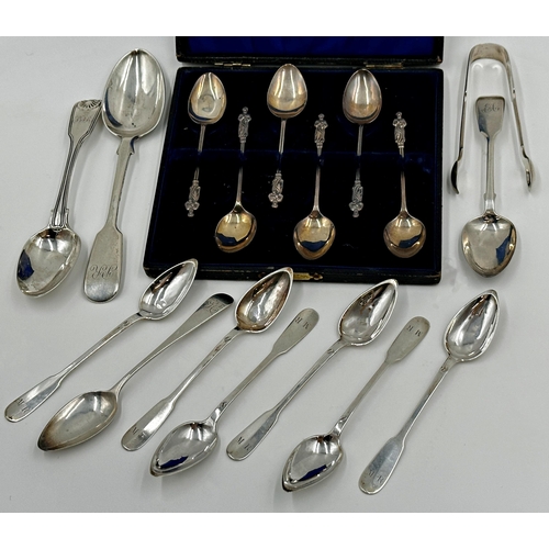 215 - Mixed collection of silver spoons comprising - set of six continental silver slim fiddle pattern cof... 