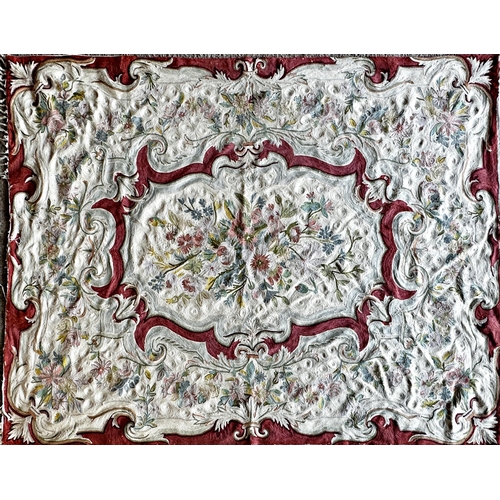 1452 - Good antique hand stitch crewel work rug or wall hanging, with panels of floral bouquets on a maroon... 