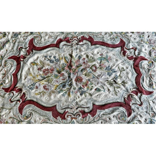 1452 - Good antique hand stitch crewel work rug or wall hanging, with panels of floral bouquets on a maroon... 