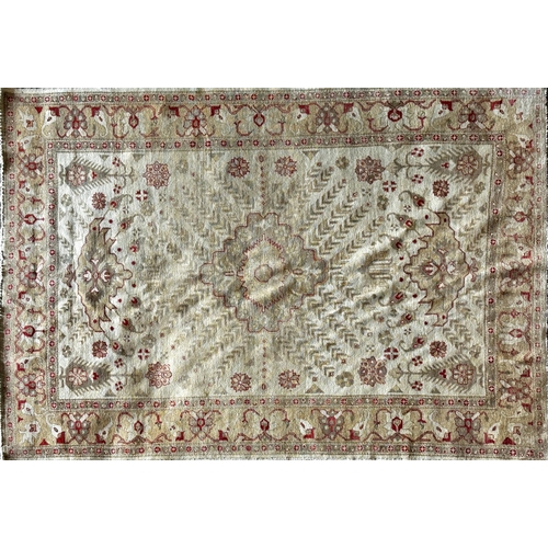 1466 - Turkish Caucasion rug with central medallion with red tracery on a cream ground, 280cm x 190cm.