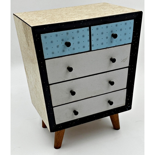 1195 - 1950s formica table top or apprentice chest of drawers, with baise lined drawers and tapered legs, 3... 