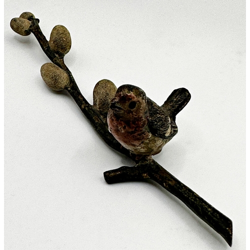 279 - Probably by Franz Bergman - Austrian cold painted bronze study of a Robin sat on a budding branch, 1... 