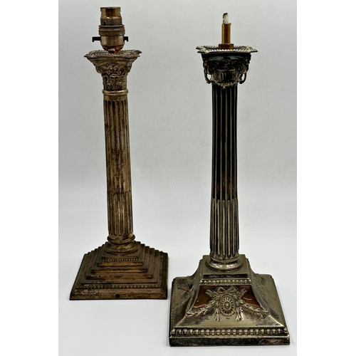 82 - Two similar silver plated Corinthian column table lamps, converted to electricity, 36cm high (2)