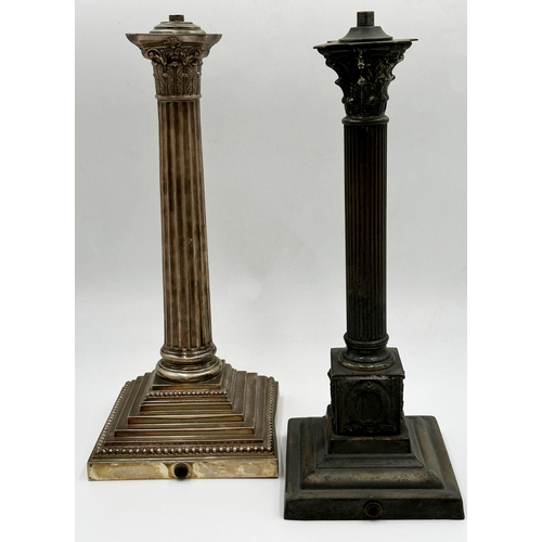 83 - Two similar silver plated Corinthian column table lamps, converted to electricity, 33cm high (2)