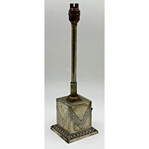 84 - Victorian silver plated table lamp, engraved and darted stepped square base, converted to electricit... 