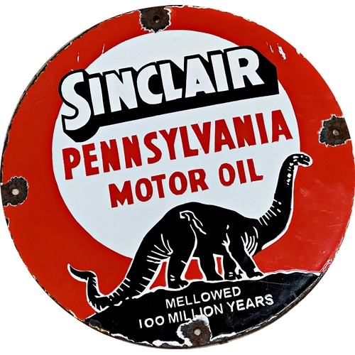 1100 - Advertising - Sinclair Pennsylvania Motor Oil, circular picture enamel sign with Diplodocus, 30.5cm ... 