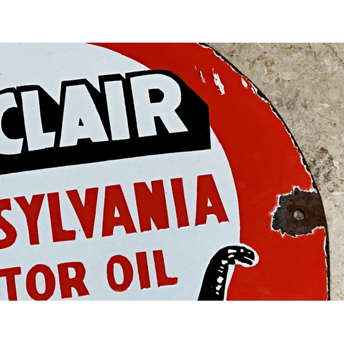 1100 - Advertising - Sinclair Pennsylvania Motor Oil, circular picture enamel sign with Diplodocus, 30.5cm ... 