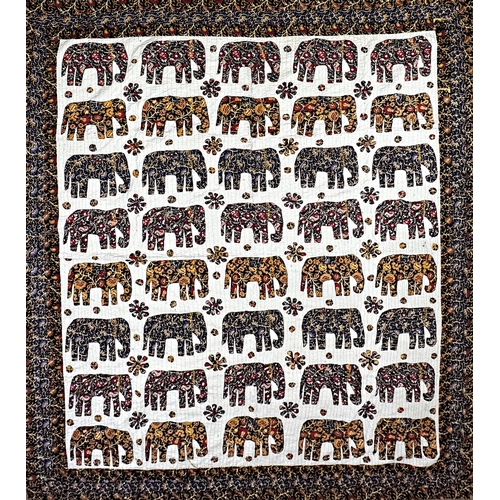 1458 - Indian patchwork cotton bedspread, with geometric elephant pattern and floral borders, 260cm x 210cm... 