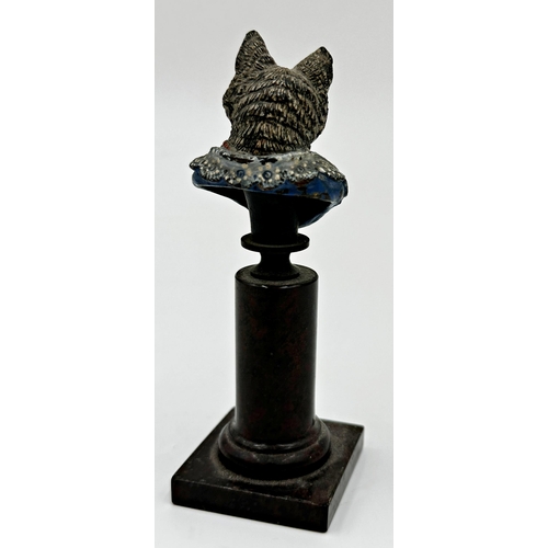 287 - Austrian miniature cold painted bronze study of a humorous cat bust, wearing a dress and necklace, o... 