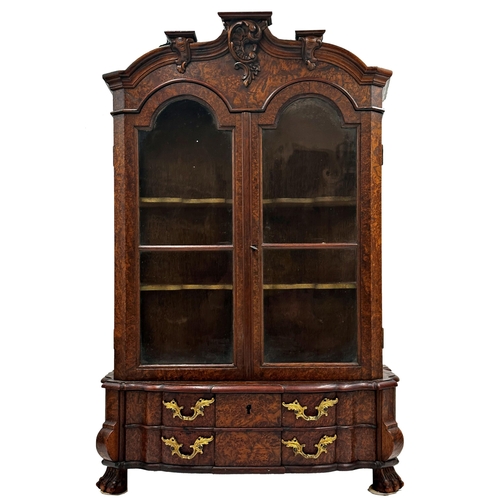 1355 - Good quality Dutch burr walnut apprentice or table top cabinet, with swan neck pediment with carved ... 