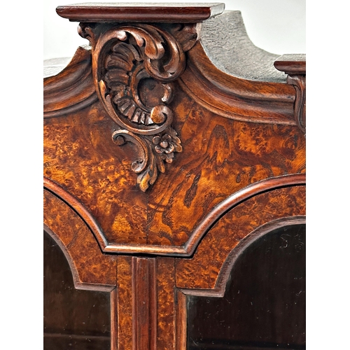 1355 - Good quality Dutch burr walnut apprentice or table top cabinet, with swan neck pediment with carved ... 