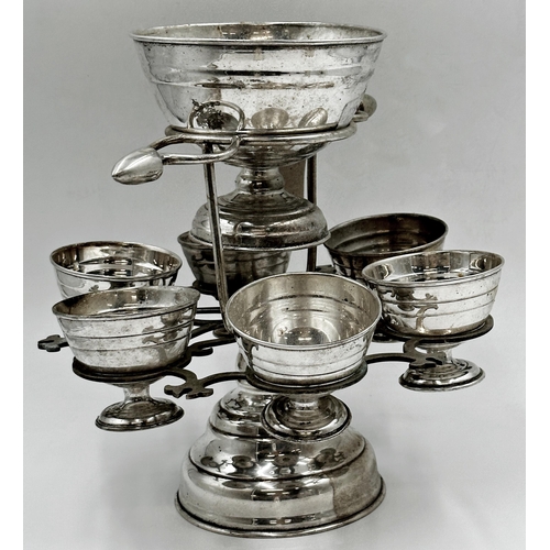 92 - Vintage silver plate centrepiece for ice-cream with raised central bowl and six further smaller hang... 