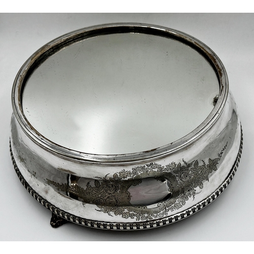 102 - Good quality silver plated mirrored cake stand, of tapered form with darted foot rim and scrolled fe... 